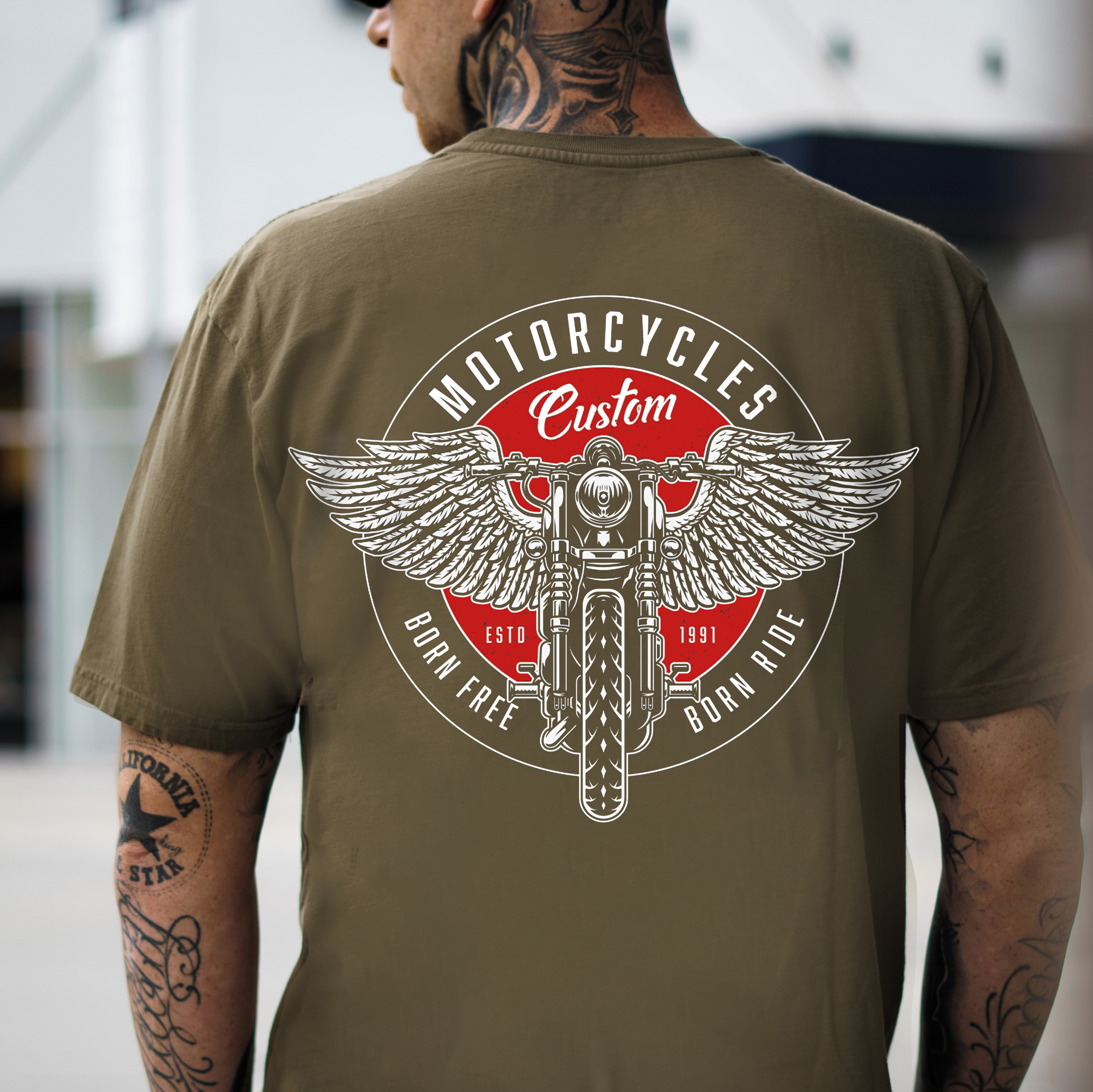MOTORCYCLES BORN FREE Motor with Wings Casual Graphic Black Print T-shirt
