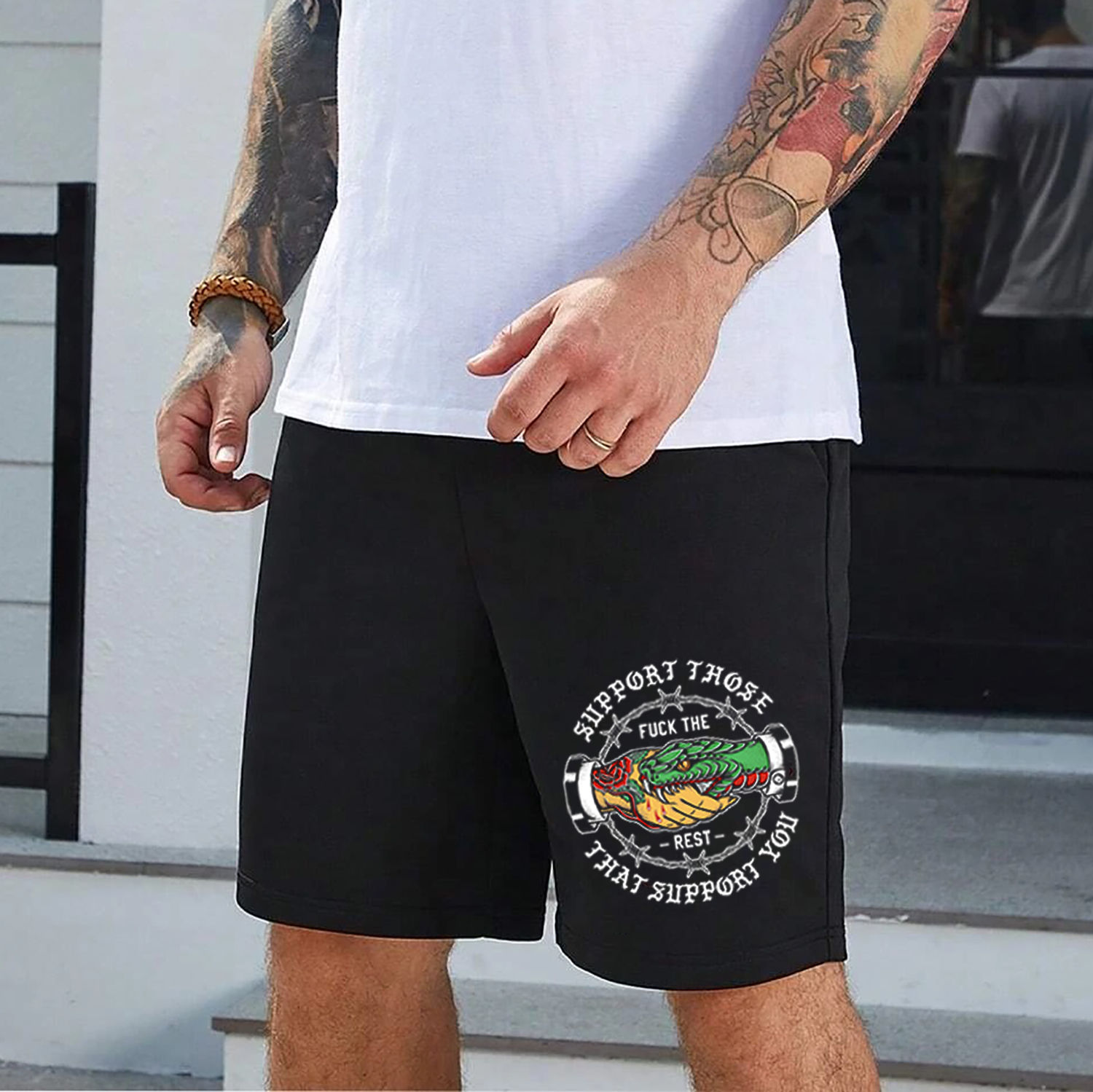 SUPPORT THOSE THAT SUPPORT YOU Snake Hand Black Print Shorts