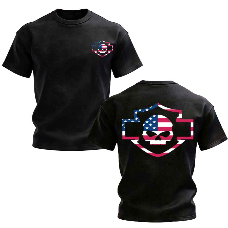 American Flag Skull Harley-Davidson Bar And Shield Emblem  Printed Men's T-shirt
