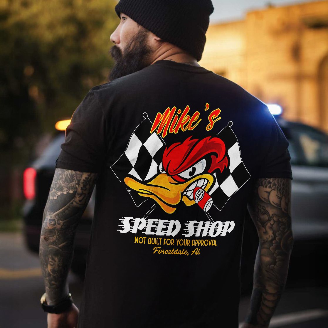 Mike's Speed Shop Angry Duck Checkered Flag Printed Men's T-shirt