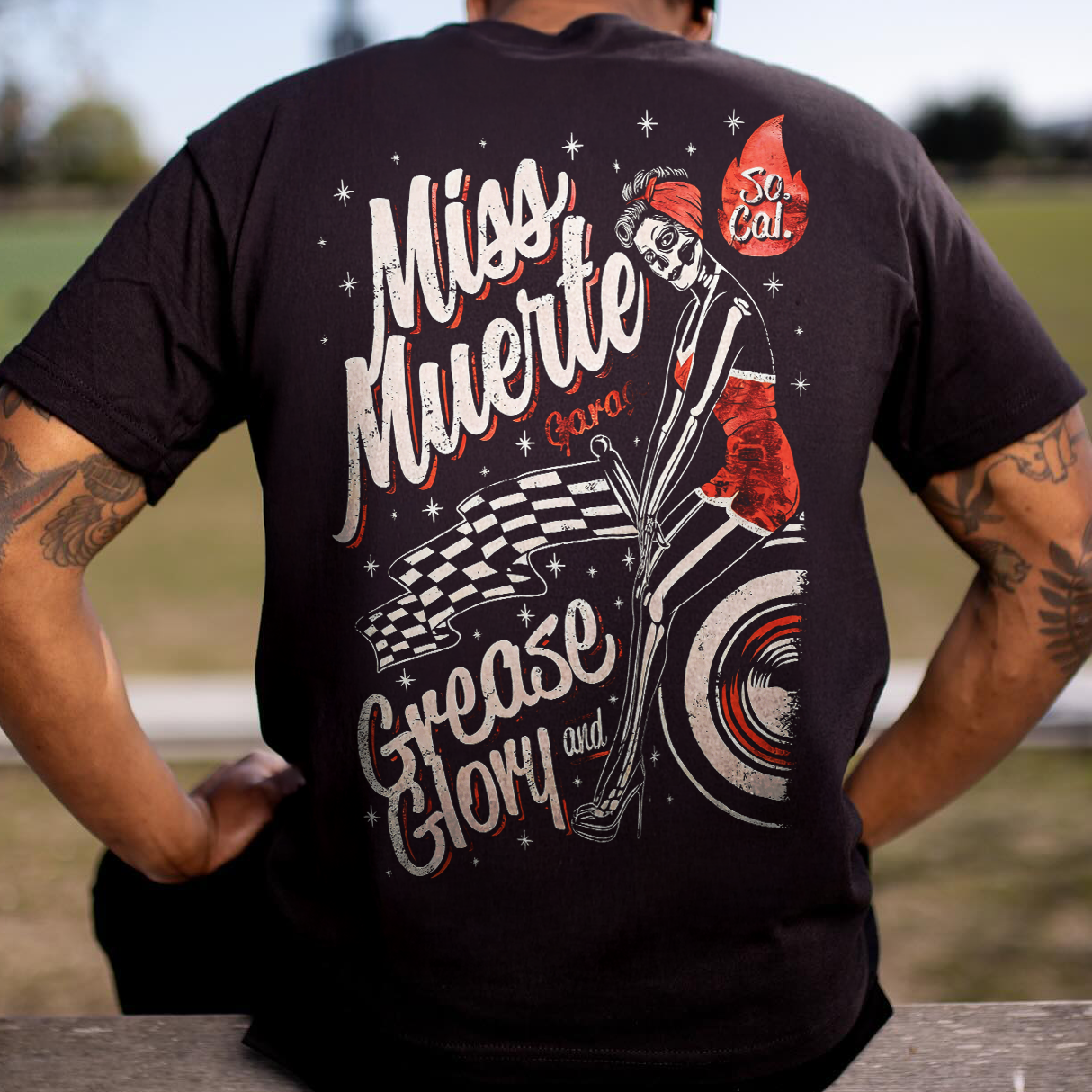 Miss Muerte Garage Grease And Glory So. Cal. Skeleton Pin-up Printed Men's T-shirt