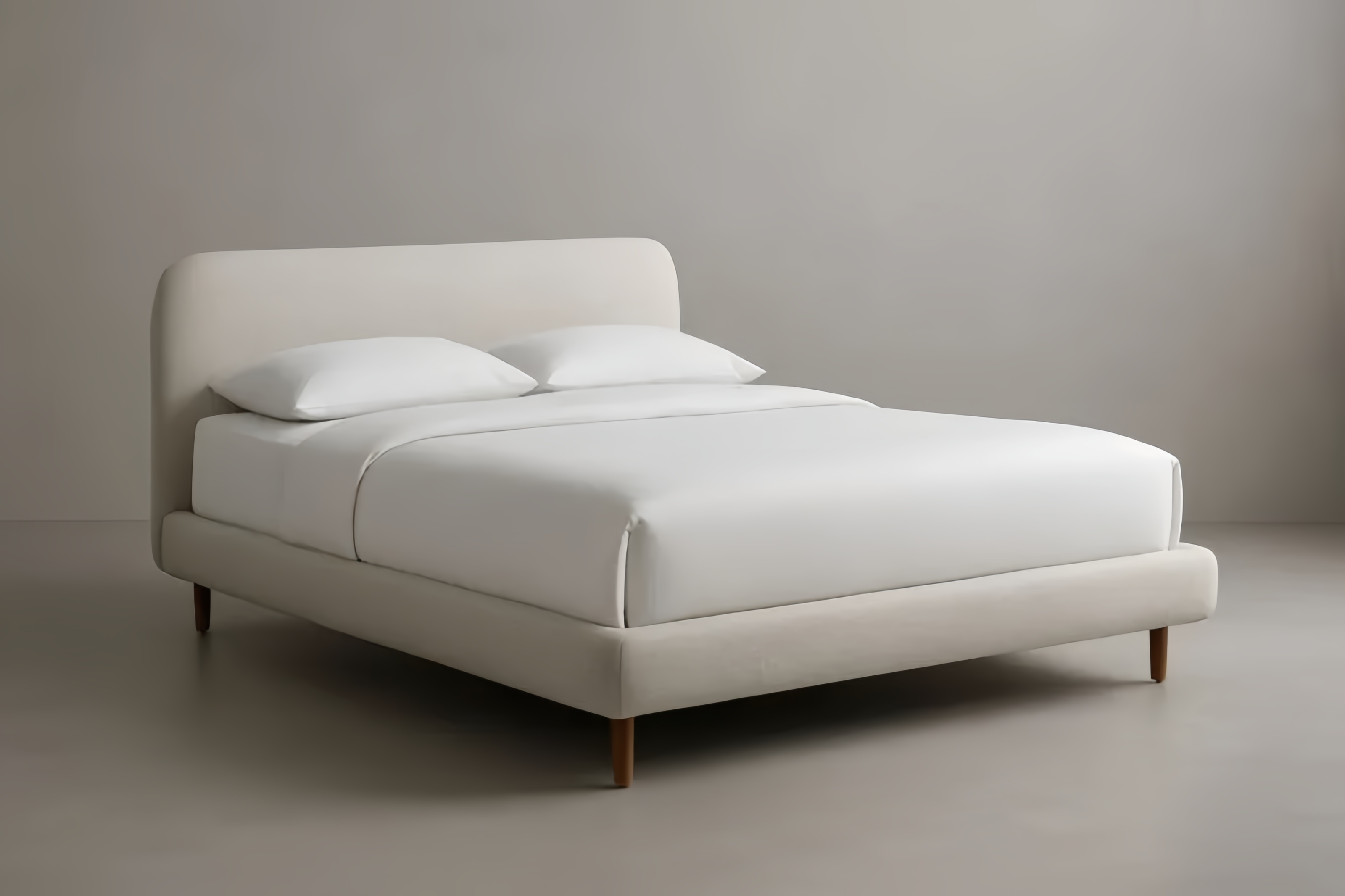 Lit double en tissu beige avec pieds en bois 200x160×100 cm