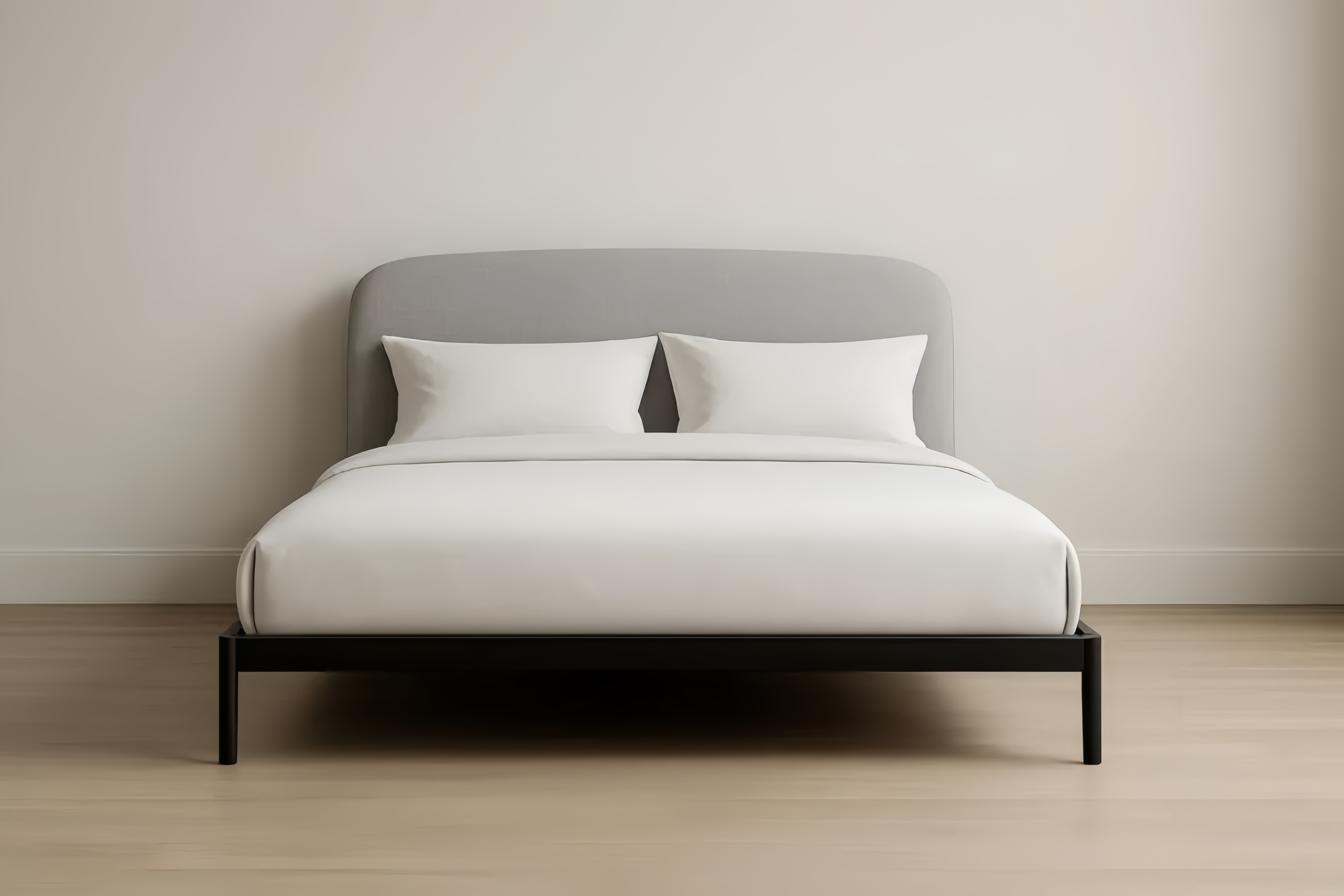 Lit double en métal noir avec tête de lit en tissu gris 160x200×100 cm