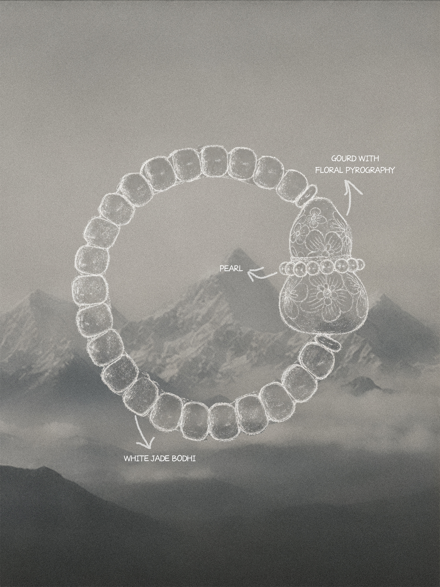 Flame Bloom Fu Lu | White Bodhi Pyrography Floral Gourd Bracelet with Pearl | Murren Oriental Handcraft