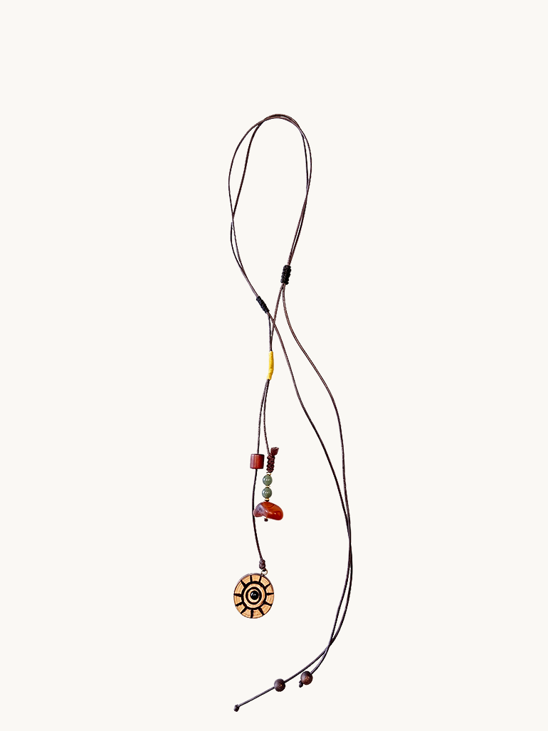 Sun Wheel Burnt Grain | Pyrography Wood Tag Raw Agate Cord Necklace | Murren Oriental Handcraft