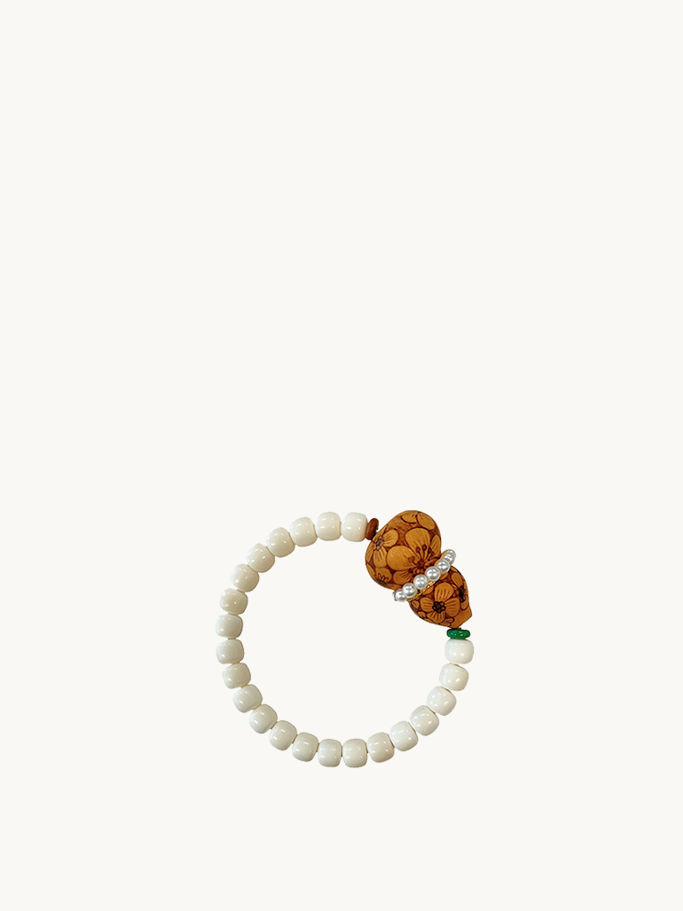 Flame Bloom Fu Lu | White Bodhi Pyrography Floral Gourd Bracelet with Pearl | Murren Oriental Handcraft