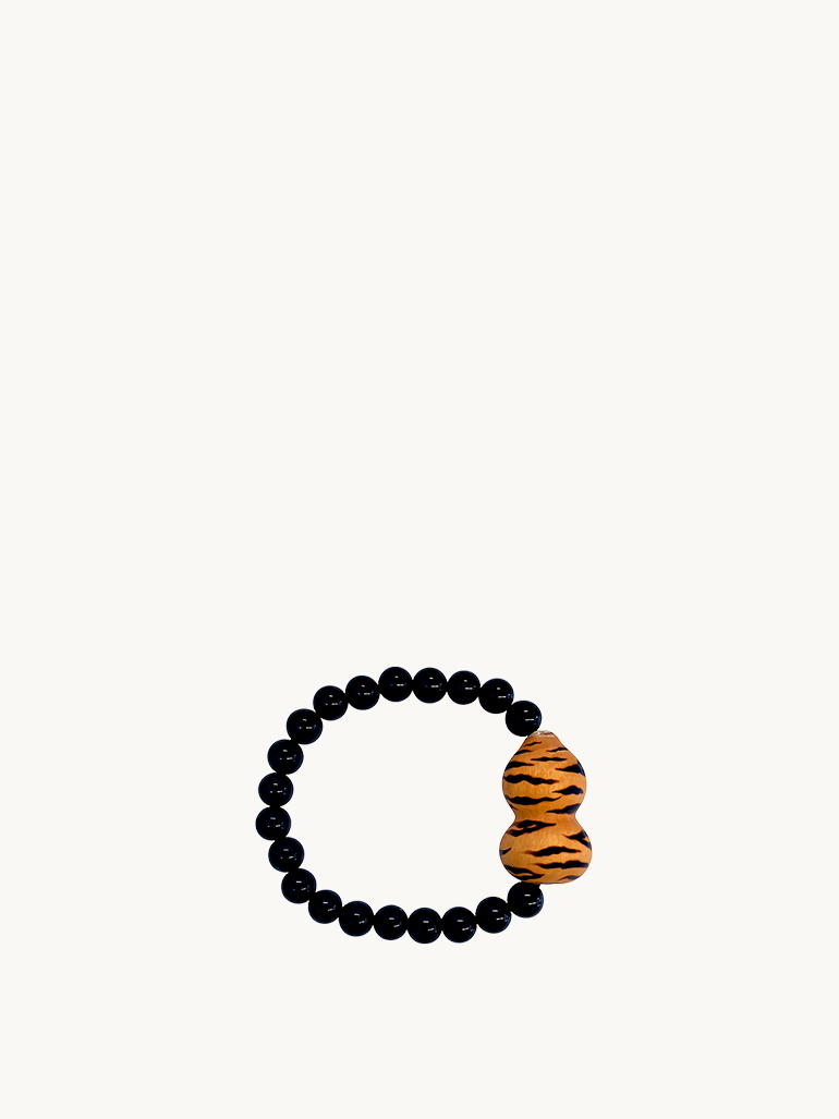 Burnt Leopard Grain | Black Tourmaline Pyrography Fu Lu Gourd Bracelet | Murren Oriental Handcraft