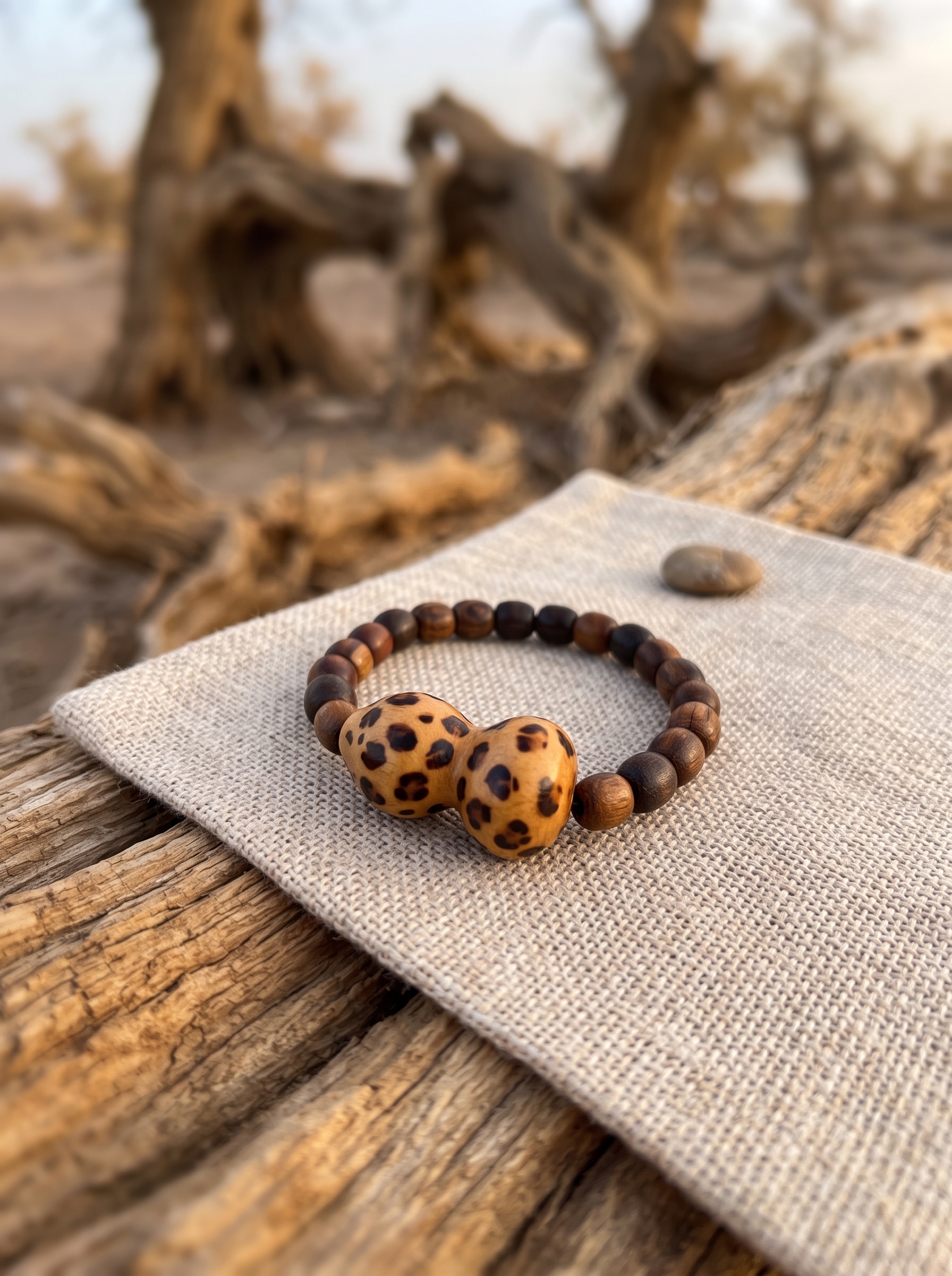 Burnt Leopard Spots | Huaqi Nan Wood Pyrography Fu Lu Gourd Bracelet | Murren Oriental Handcraft