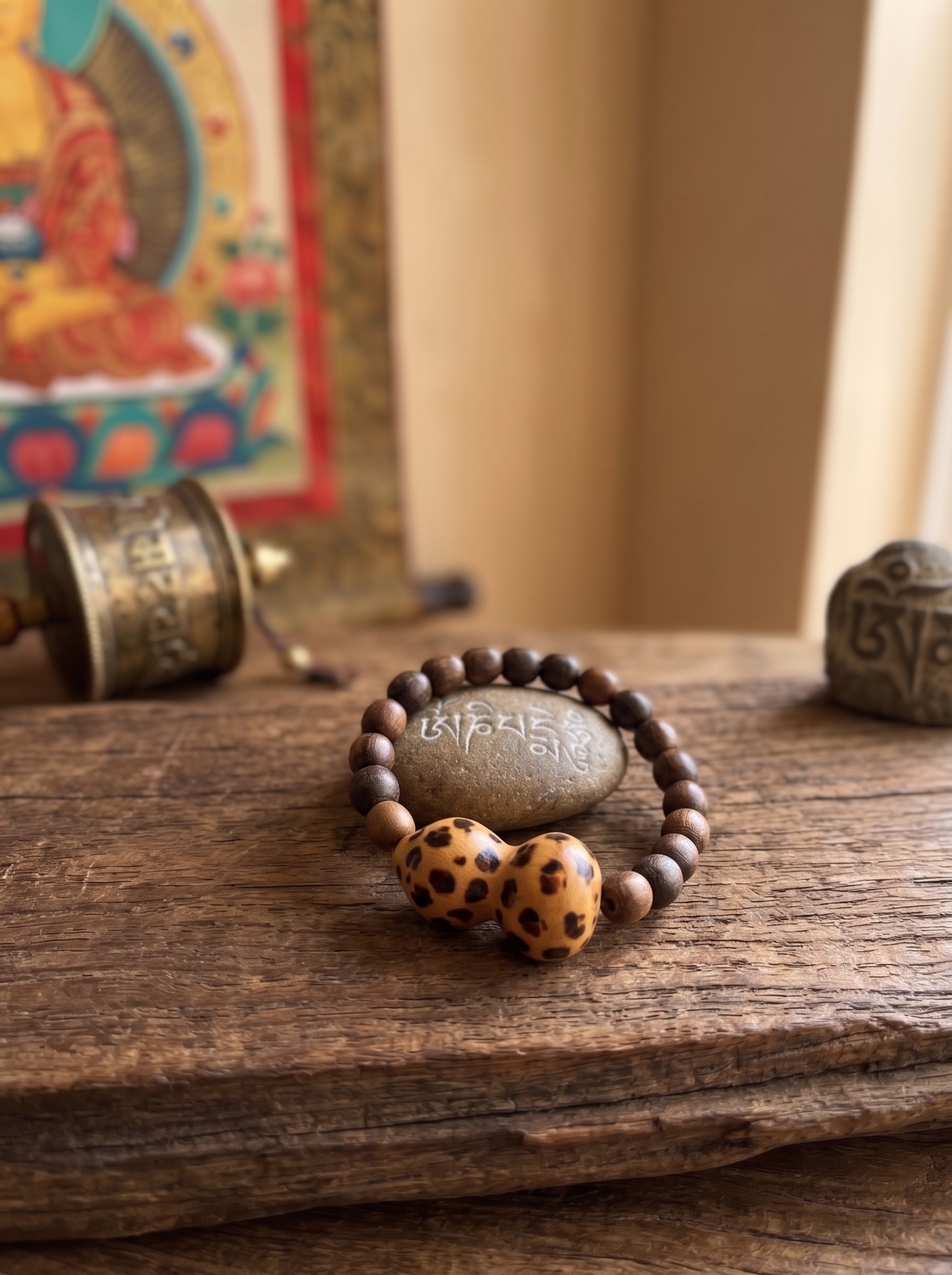 Burnt Leopard Spots | Huaqi Nan Wood Pyrography Fu Lu Gourd Bracelet | Murren Oriental Handcraft