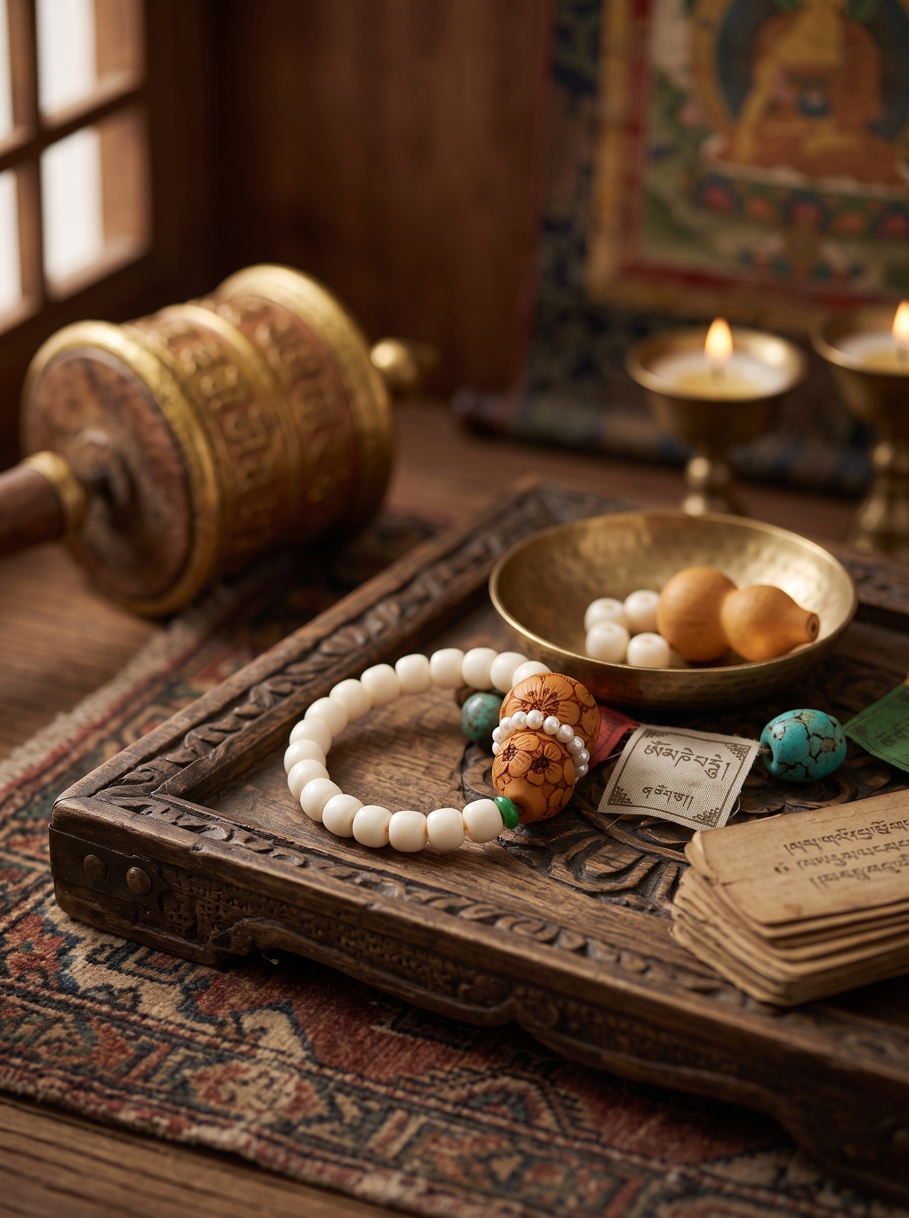 Flame Bloom Fu Lu | White Bodhi Pyrography Floral Gourd Bracelet with Pearl | Murren Oriental Handcraft