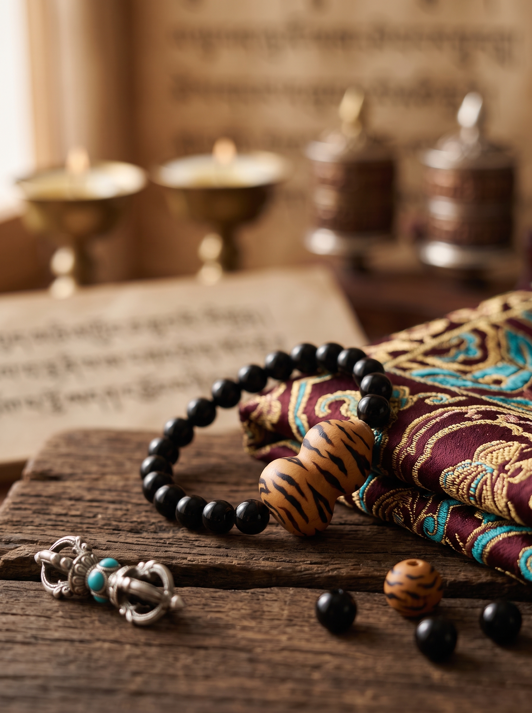 Burnt Leopard Grain | Black Tourmaline Pyrography Fu Lu Gourd Bracelet | Murren Oriental Handcraft