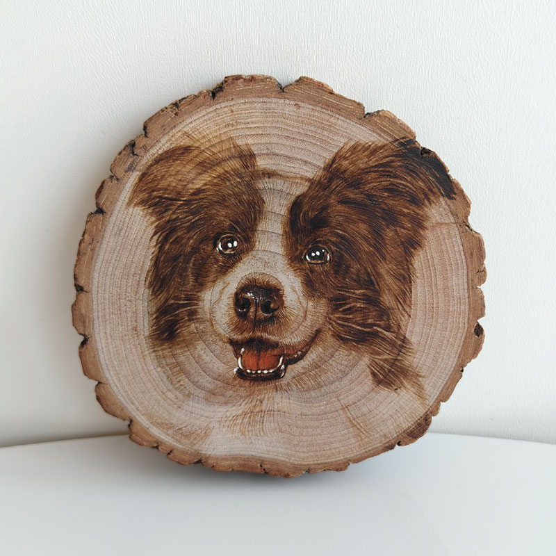 Pyroart Smiling Brown Border Collie Wood Slice Pyrography Artware