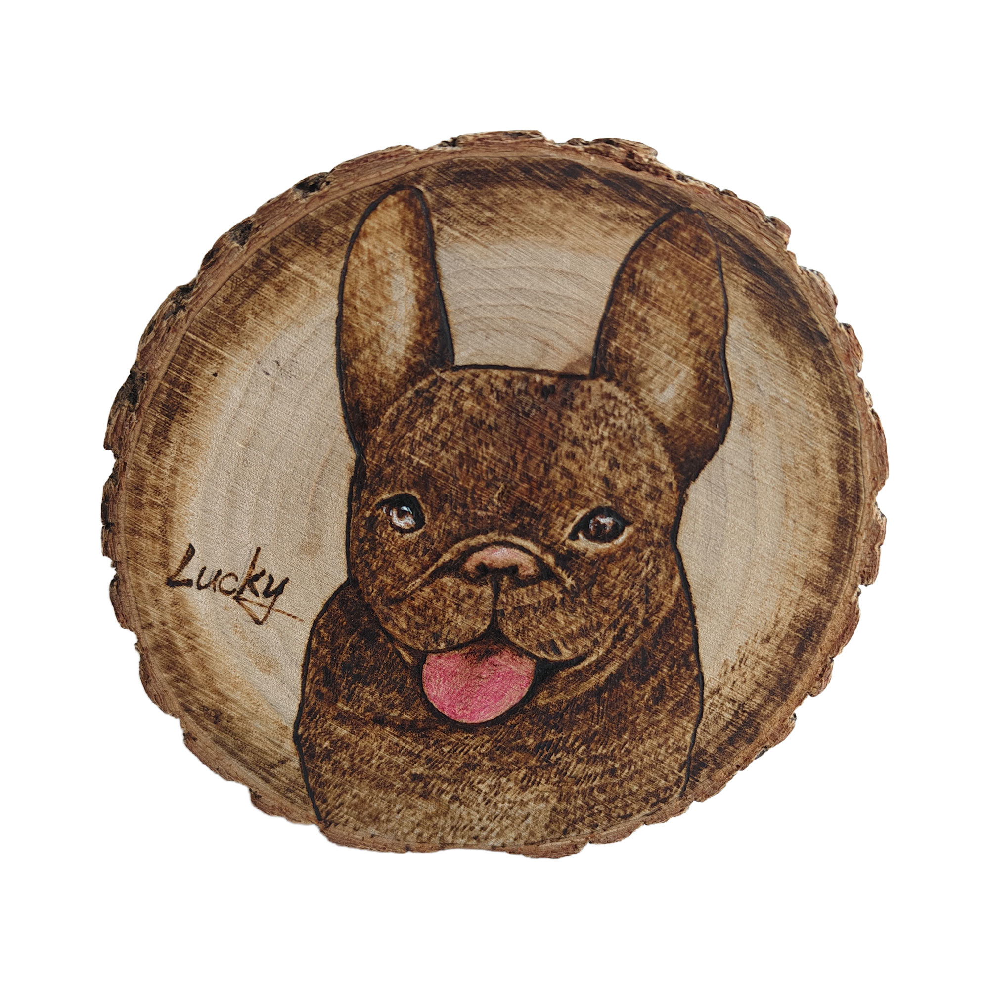 Pyroart Lucky Tongue-out Frenchie Round Pyrography Artware