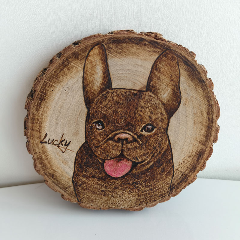 Pyroart Lucky Tongue-out Frenchie Round Pyrography Artware