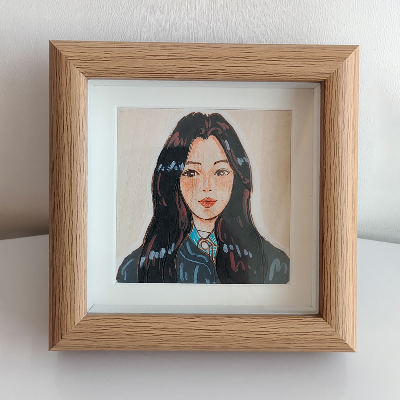 Pyroart Framed Sweet Long-haired Girl Wood Pyrography Artware