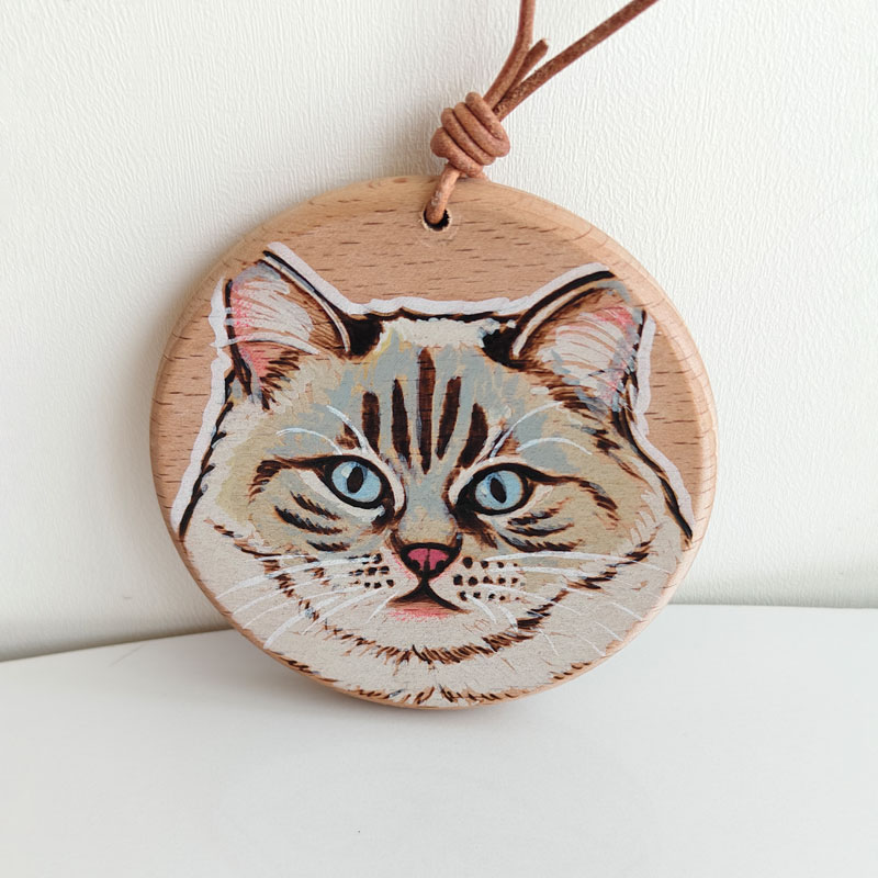 Pyroart Sweet Blue-eyed Kitten Round Hanging Pyrography Artware