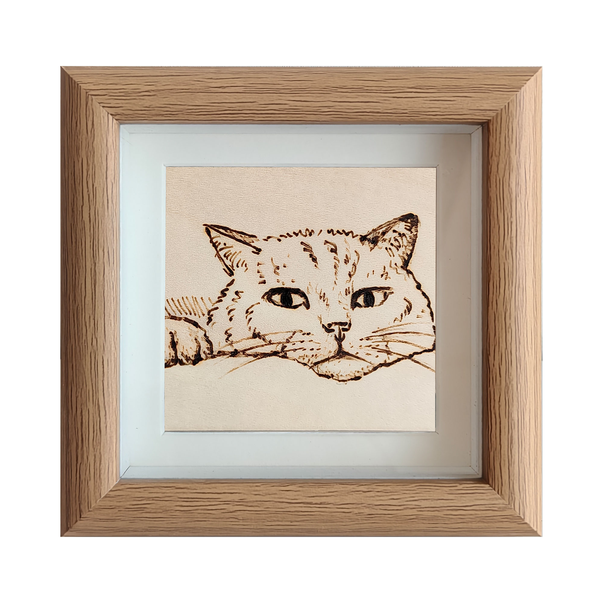 Pyroart Minimalist Peeking Kitten Framed Pyrography Artware