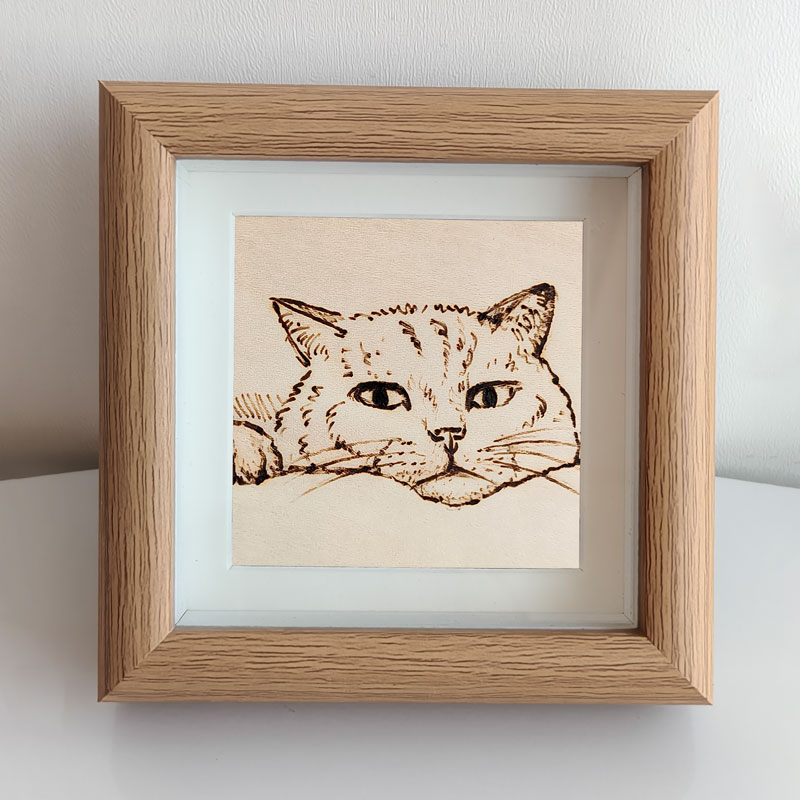 Pyroart Minimalist Peeking Kitten Framed Pyrography Artware