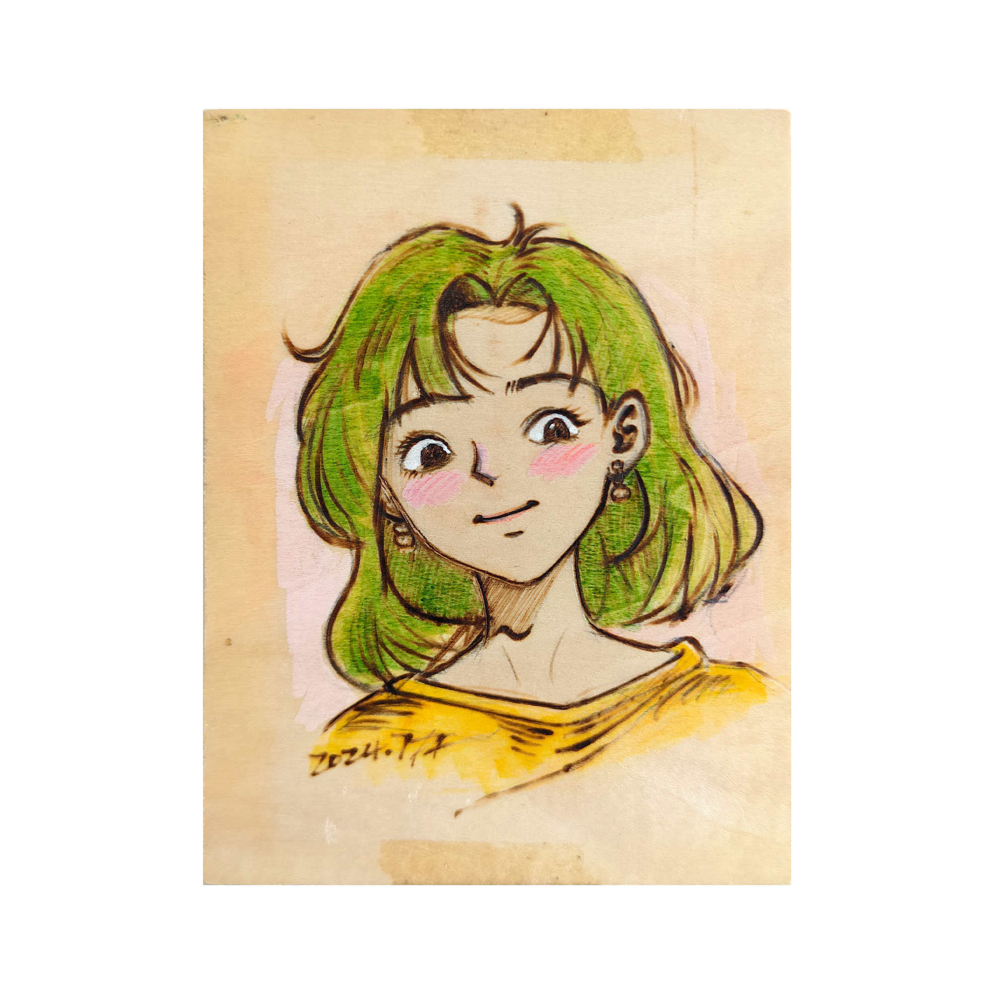 Pyroart Cute Retro Cartoon Green-haired Girl Pyrography Artware