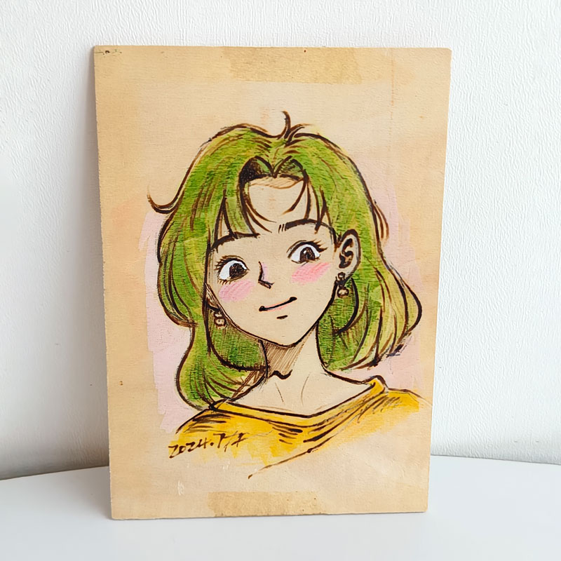 Pyroart Cute Retro Cartoon Green-haired Girl Pyrography Artware