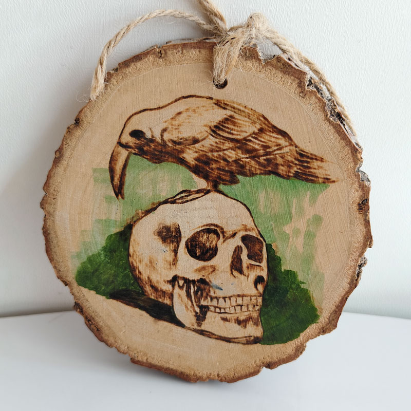 Pyroart Gothic Crow Skull Hanging Ornament Pyrography Artware