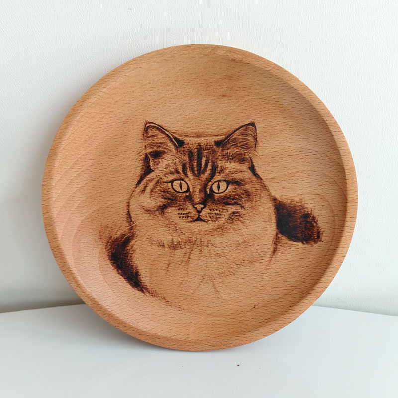 Pyroart Fluffy Tabby Cat Wooden Serving Tray Pyrography Artware