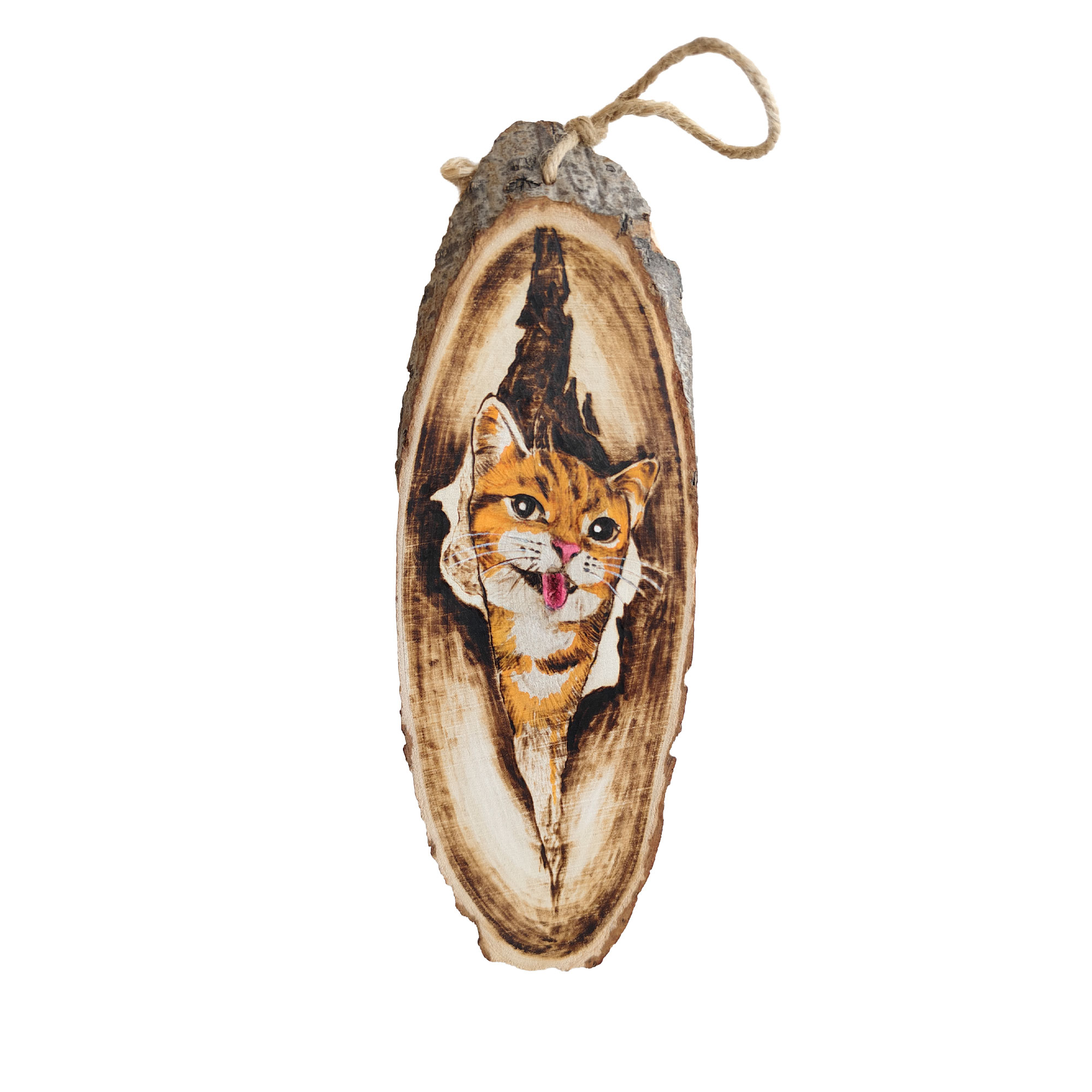 Pyroart 3D Peeking Tongue-out Ginger Cat Hanging Ornament Pyrography Artware