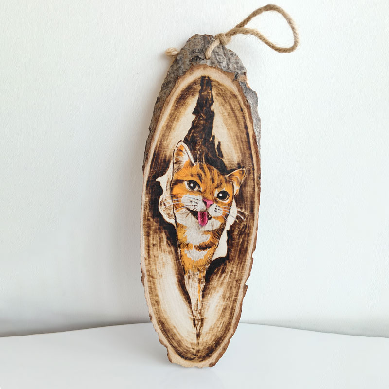 Pyroart 3D Peeking Tongue-out Ginger Cat Hanging Ornament Pyrography Artware