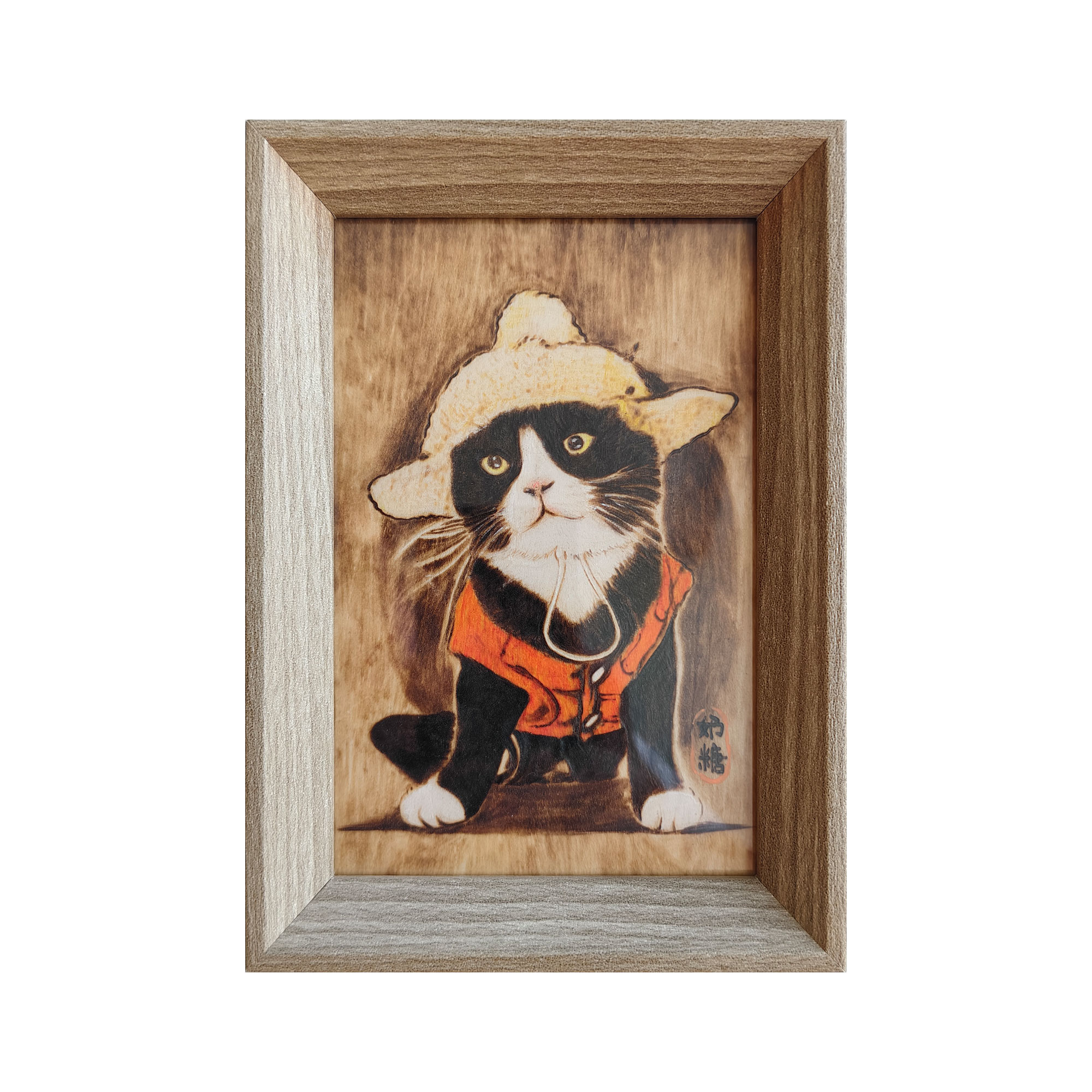 Pyroart Cute Outfitted Tuxedo Cat Framed Pyrography Artware