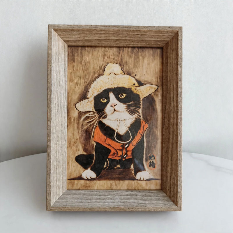 Pyroart Cute Outfitted Tuxedo Cat Framed Pyrography Artware