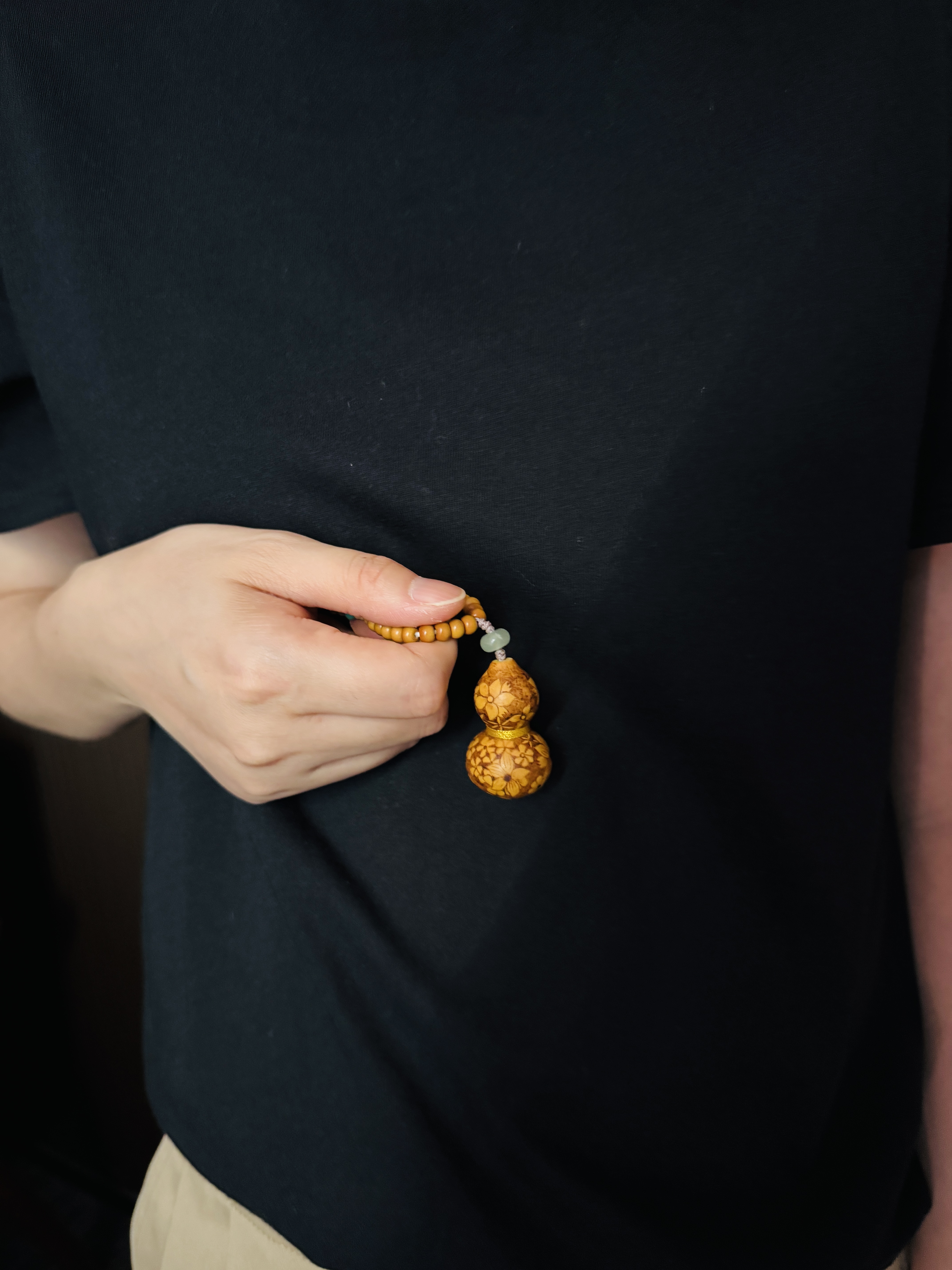 Burnt Bloom Gourd | Star Bodhi Slider Floral Pyrography Fu Lu Pocket Worry Bead | Murren Oriental Handcraft