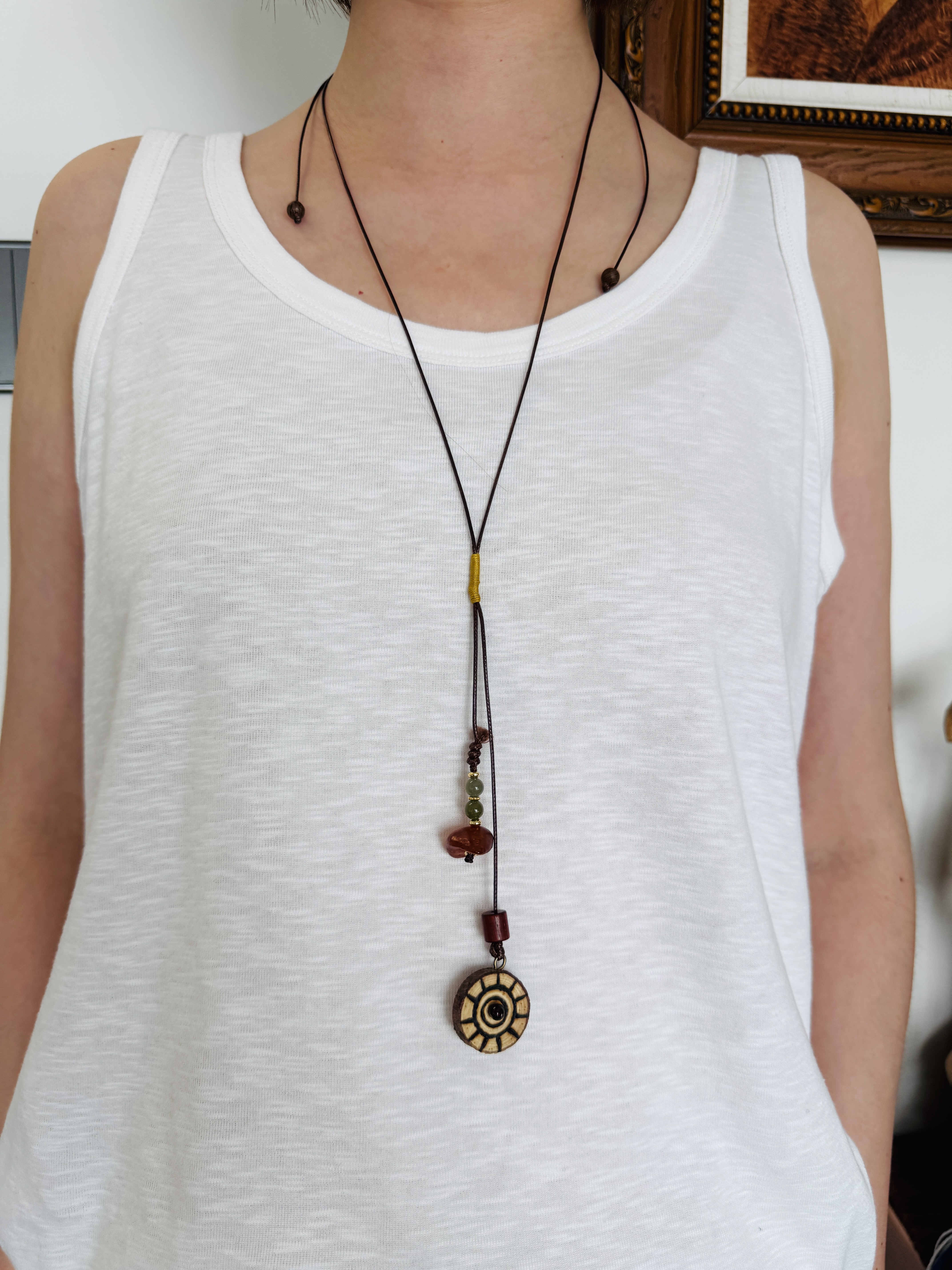 Sun Wheel Burnt Grain | Pyrography Wood Tag Raw Agate Cord Necklace | Murren Oriental Handcraft