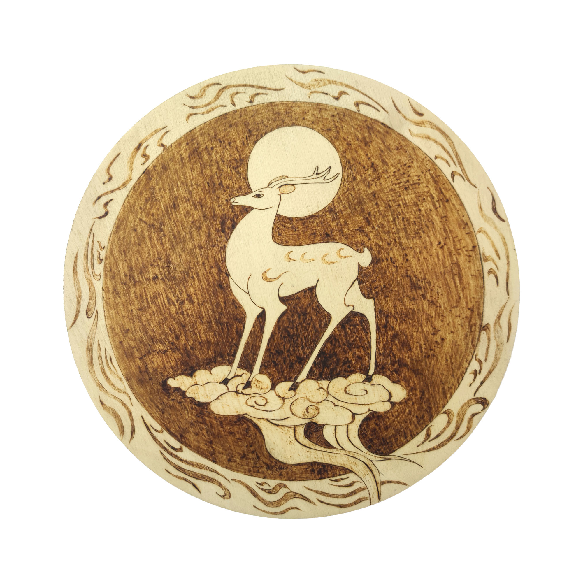 Pyrogart Deer of Fortune on Clouds Pyrography Artisanal Decor