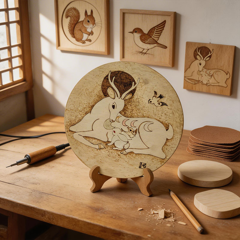 Pyrogart Deer and Rabbit of Fortune Pyrography Artisanal Decor