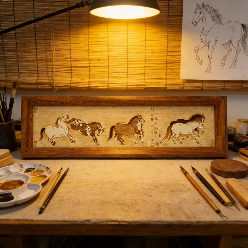 Pyrogart Sixteen Good Horses Scroll Pyrography Art Picture Decor