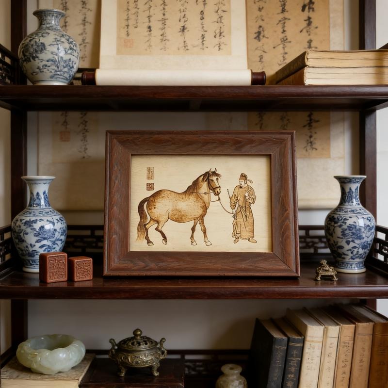 Pyrogart Five Horses Scroll Manchuan Hua Pyrography Art Picture Decor