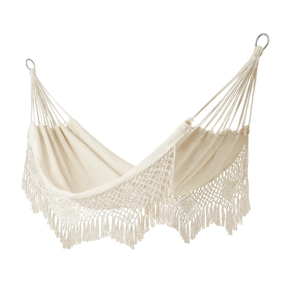 Hamac en coton écru avec franges 300x150 cm-GARDENWAYZ