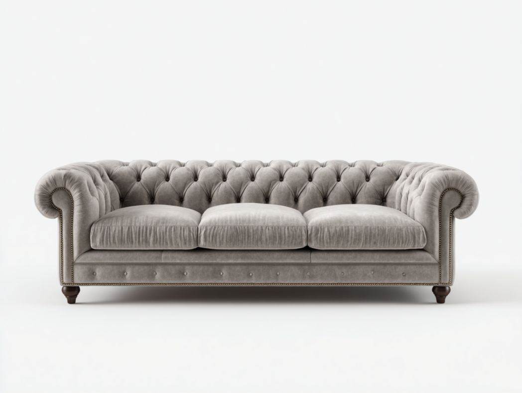 Canapé 3 places gris en velours, pieds en bois marron foncé-warmays