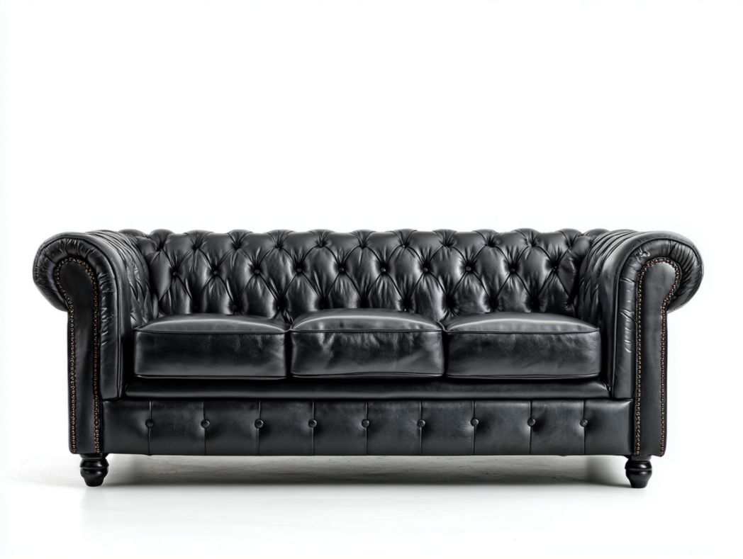 Canapé 3 places noir en cuir, pieds en bois noir-warmays