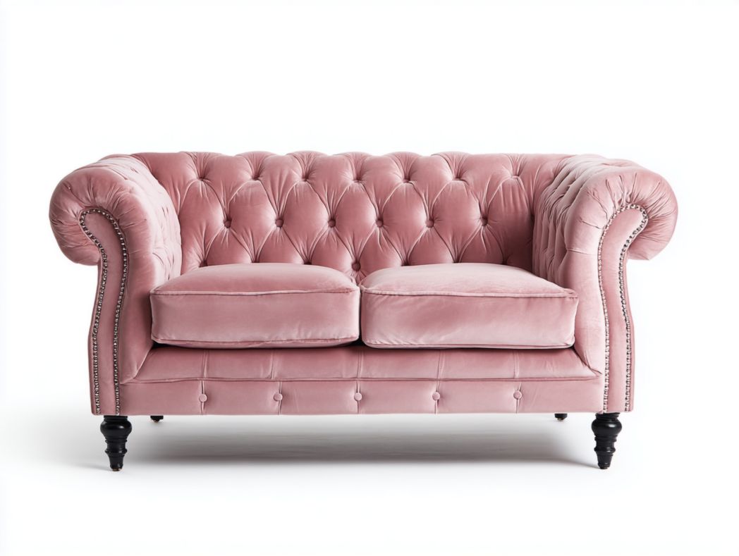 Canapé 2 places rose en velours, pieds en bois noirs-warmays