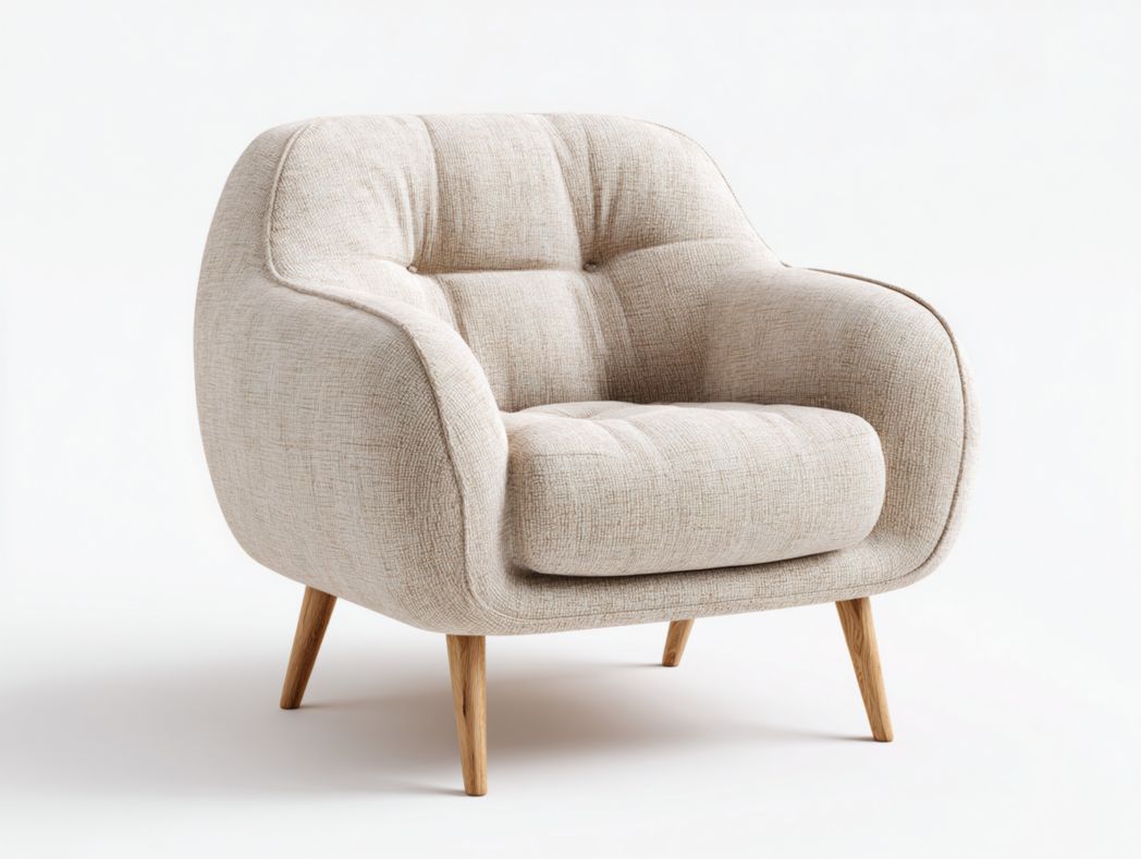 Fauteuil en tissu polyester écru avec pieds en bois massif-warmays
