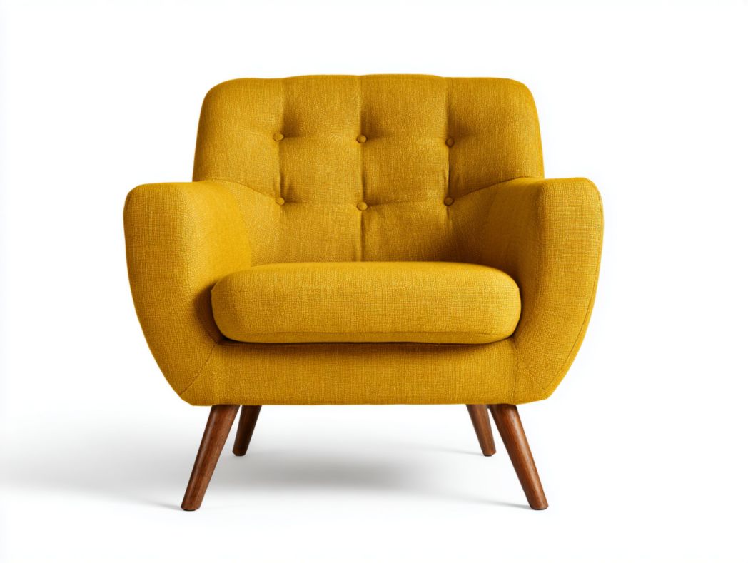 Fauteuil en tissu texturé jaune avec pieds en bois massif brun foncé-warmays