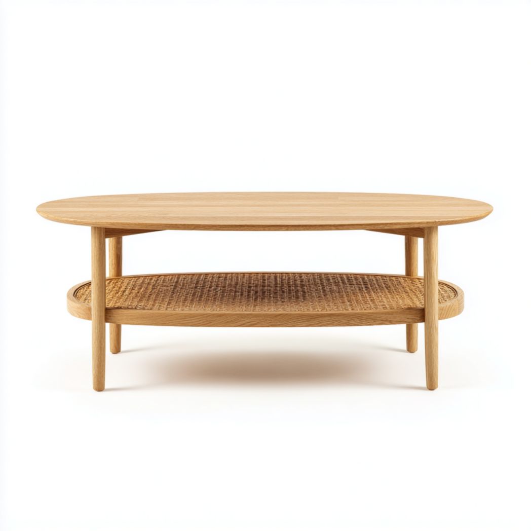 Table basse ovale en bois massif brun clair avec plateau inférieur en rotin-warmays