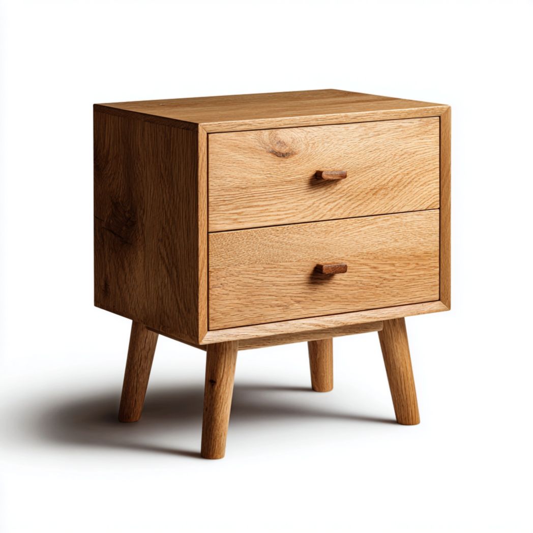 Table de chevet brun clair en bois massif à deux tiroirs-warmays