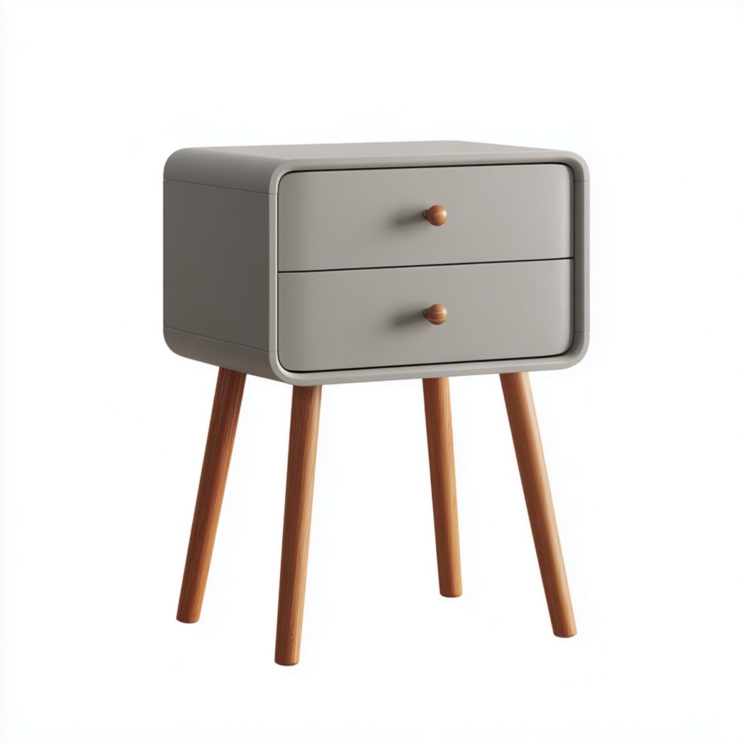 Table de chevet grise en panneaux de bois à deux tiroirs-warmays