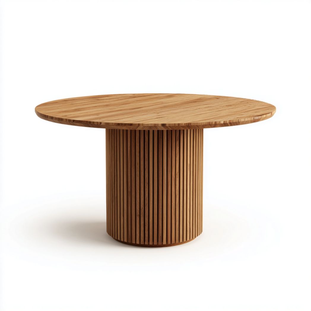 Table à manger ronde marron en bois massif, pied central cylindrique-warmays