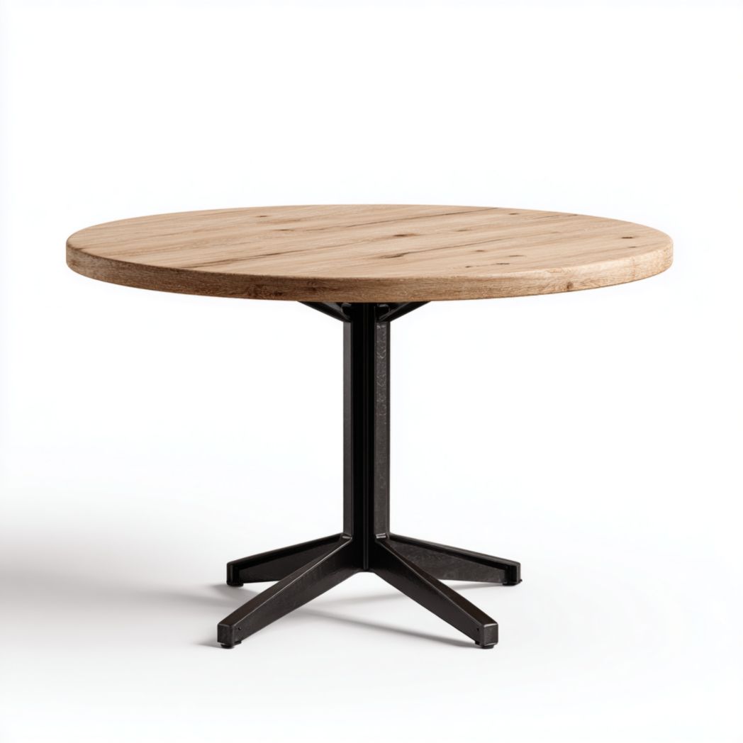 Table à manger ronde brun clair en bois massif, pied central noir-warmays