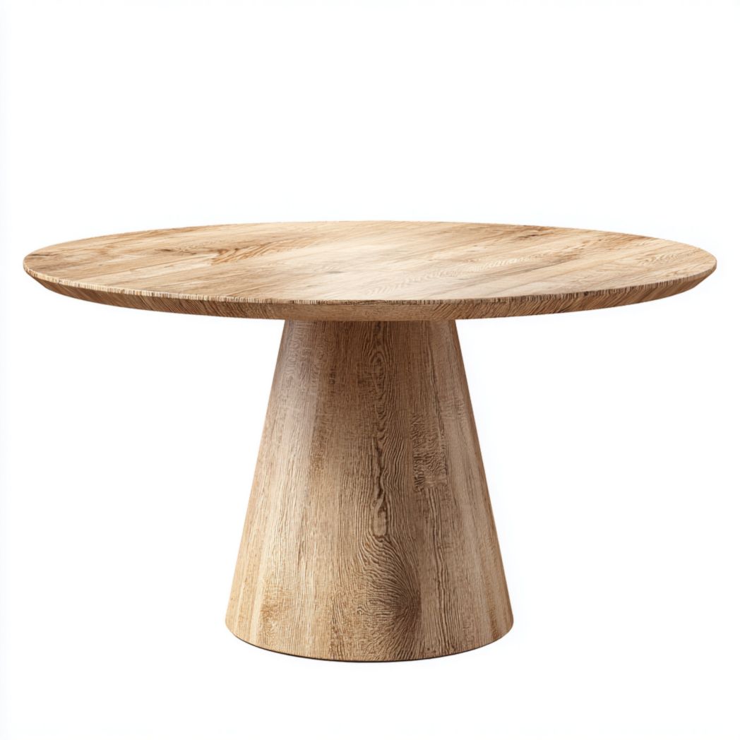 Table à manger ronde brun clair en bois massif, pied central conique-warmays