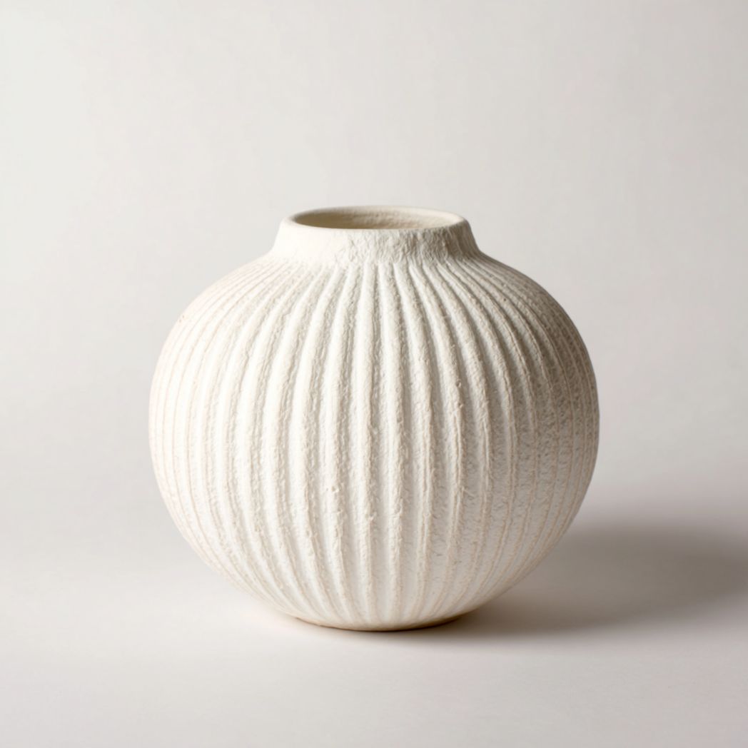Vase en céramique écru à rainures verticales, forme ronde-warmays