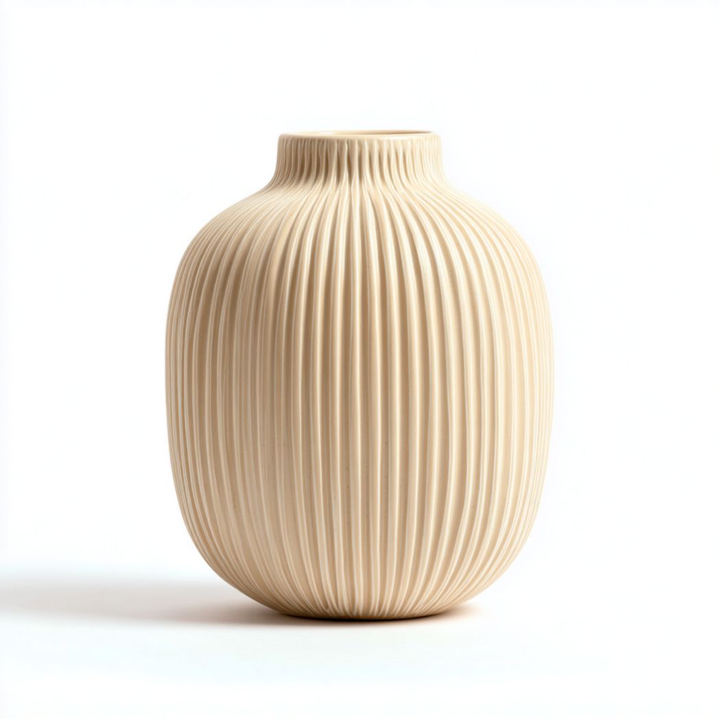 Vase en céramique beige clair à rainures verticales, forme ronde-warmays